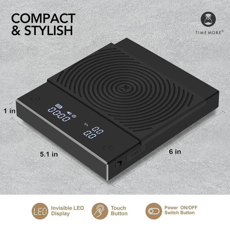 TIMEMORE Black Mirror Basic 2 Coffee Scale Espresso/Pour Over with Auto Timer and Flow Rate Function, 1600mAh, 2kg/0.1g Precision, g/oz Units, Portable Digital Scale for Kitchen/Baking/Cooking - Image 3